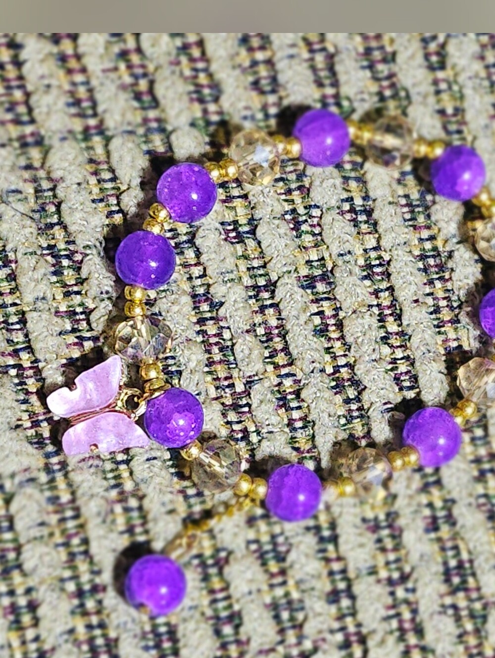 2/15$ Purple Butrerfly Beaded Stretch Bracelet with Gold Accents